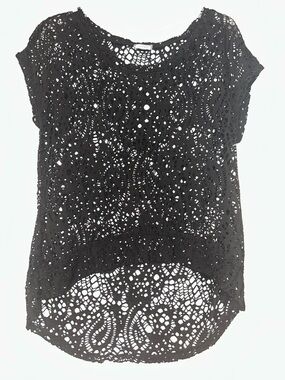 Eyeshadow Crochet Y2K Short-Sleeve JR M Top Black Hi/Low Hem Casual Cut Out